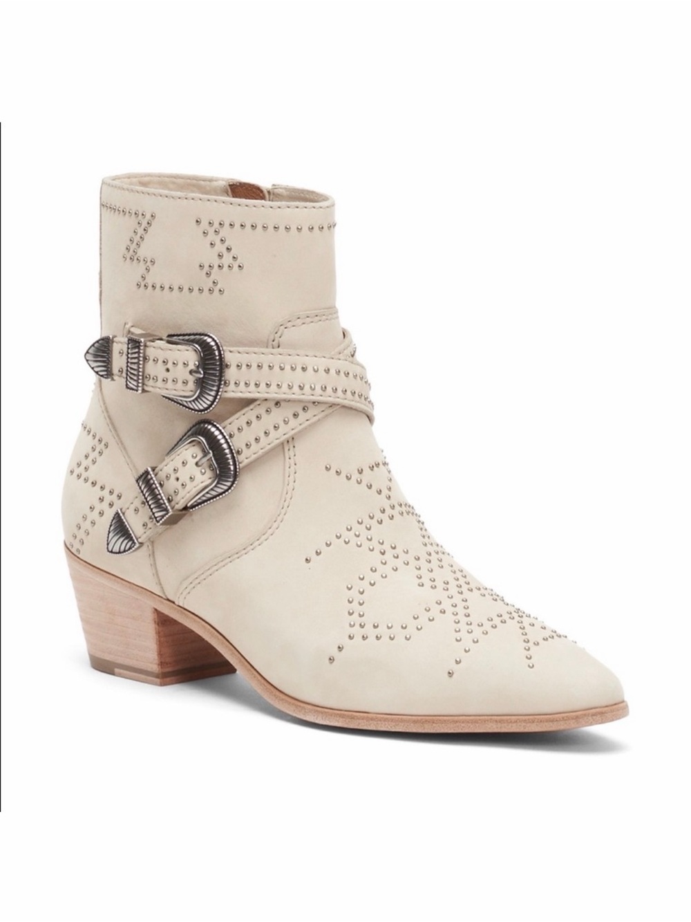 Frye Ivory Studded Buckle Heeled Ankle Boots